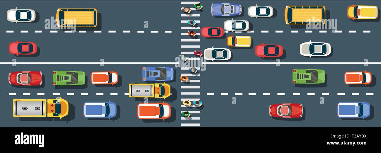 Draufsicht von oben auf einer Straße der Stadt, die mit dem Auto und Bus Stock Vektor