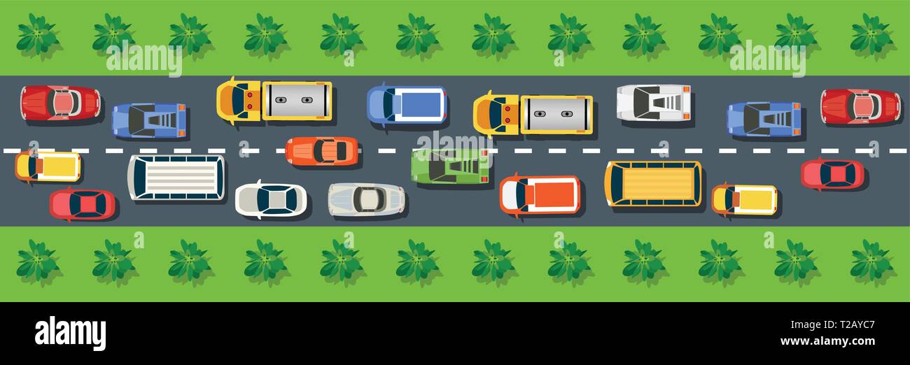 Draufsicht von oben auf eine Stadt, die Straße mit Autos, Bäume, Bus Stock Vektor