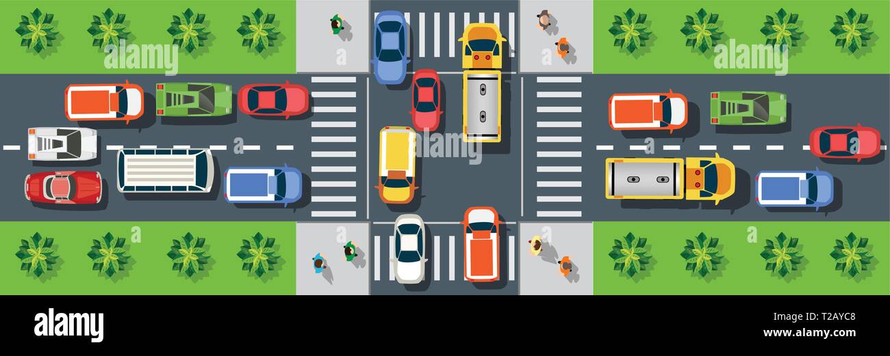 Draufsicht von oben auf eine Stadt, die Straße mit Autos und Menschen Stock Vektor