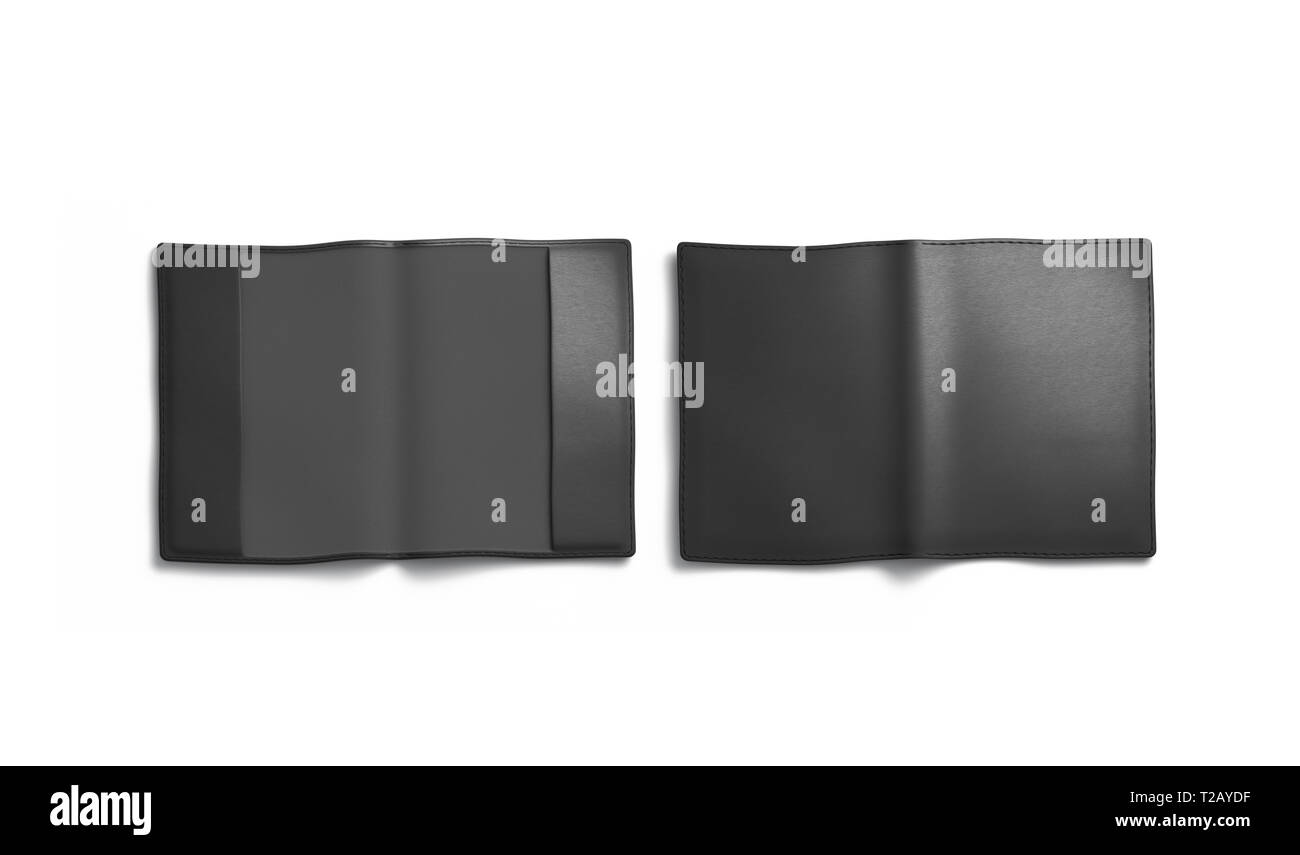 Leeren schwarzen Passdecke Mockup, Vorder- und Rückseite, isoliert, 3D-Rendering. Leere e-Pass Jacke mock up, Ansicht von oben. Klar Umschlag für ID-Dokument Vorlage. Stockfoto