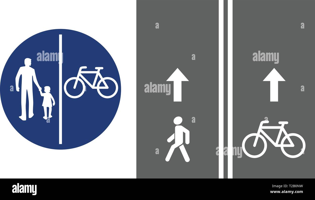 Schild, Fußgänger und Radfahrer, vector illustration symbol. Runde blaue Verkehrsschild. Weißes Bild auf dem Bahnkörper. weiße Silhouette von Menschen, Mann Stock Vektor