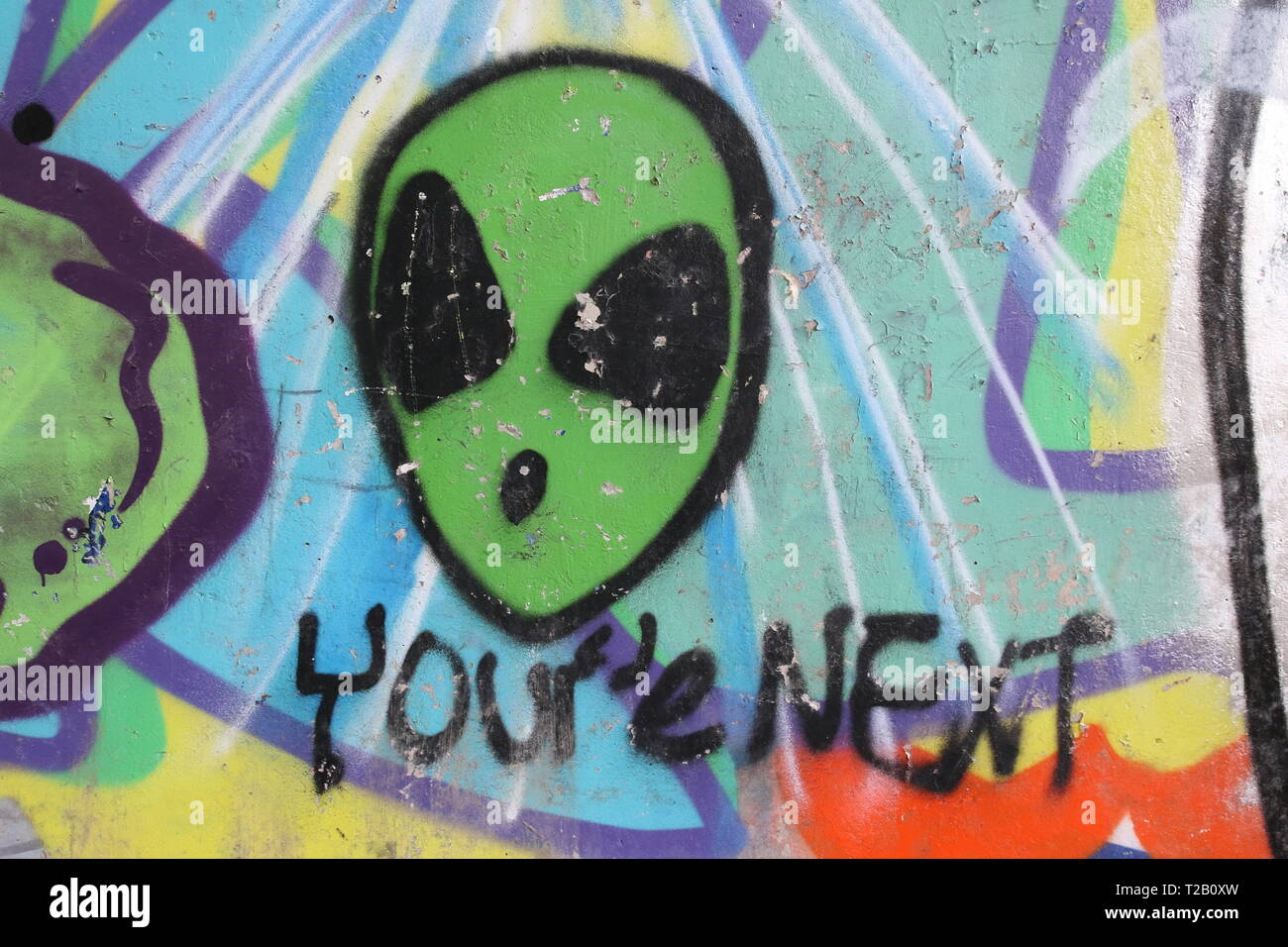 Graffitti unter der Brücke über den Fluss Irwell im Rawtenstall Stockfoto