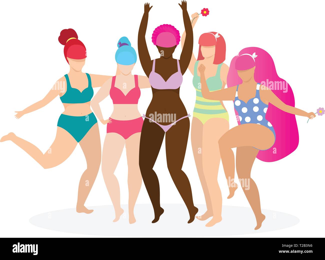 Unternehmen der Glücklichen multiethnische und multikulturelle Weibliche Charaktere in Badesachen mit Blumen in den Händen und Umarmen auf weißem Hintergrund stehen. Girl Power Stock Vektor