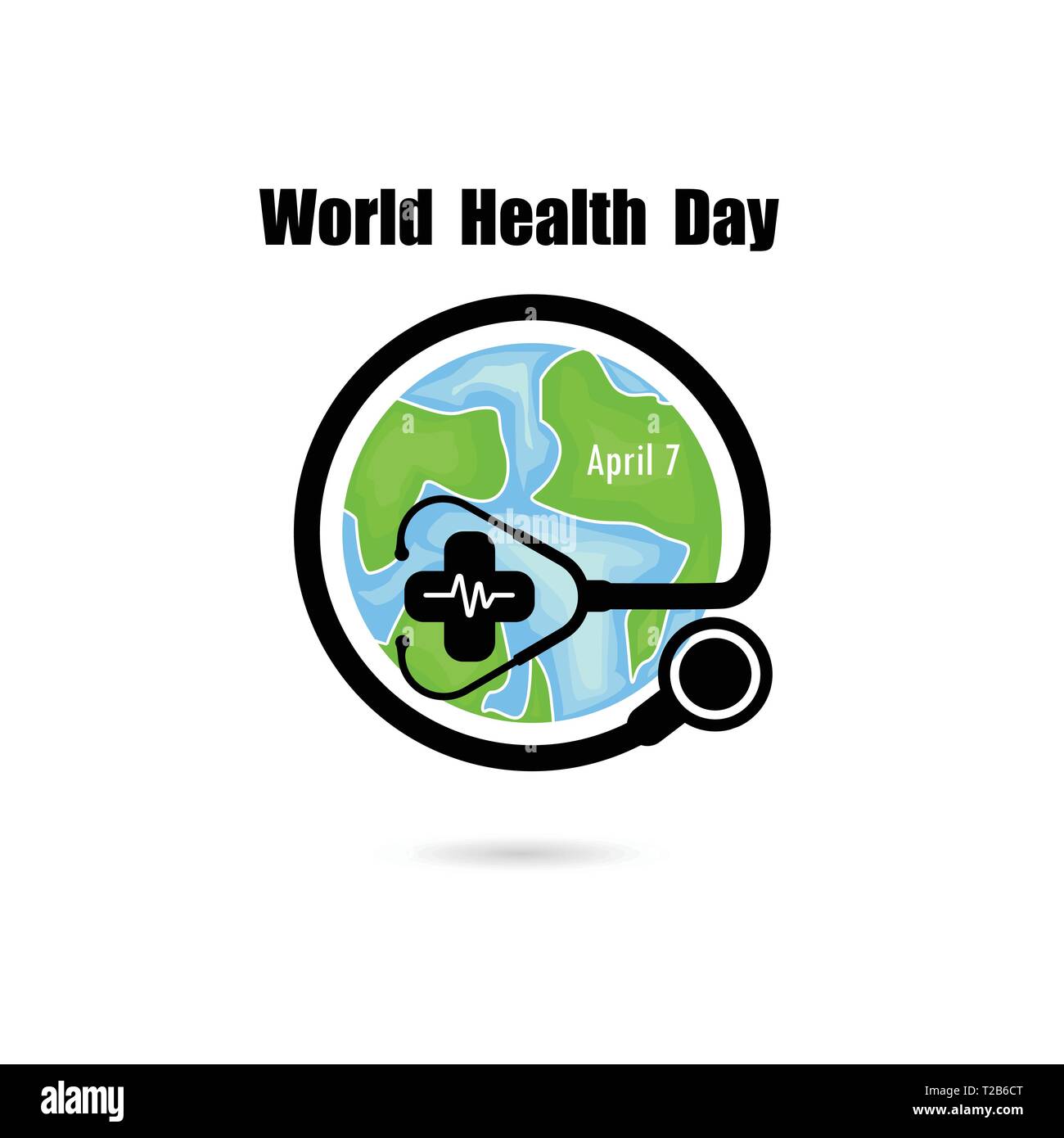 Globus Zeichen und Stethoskop Vektor-Logo Design-Vorlage. Welt-Gesundheitstag-Symbol. World Health Day Idee Kampagnenkonzept für Grußkarten und Poster. Vecto Stock Vektor