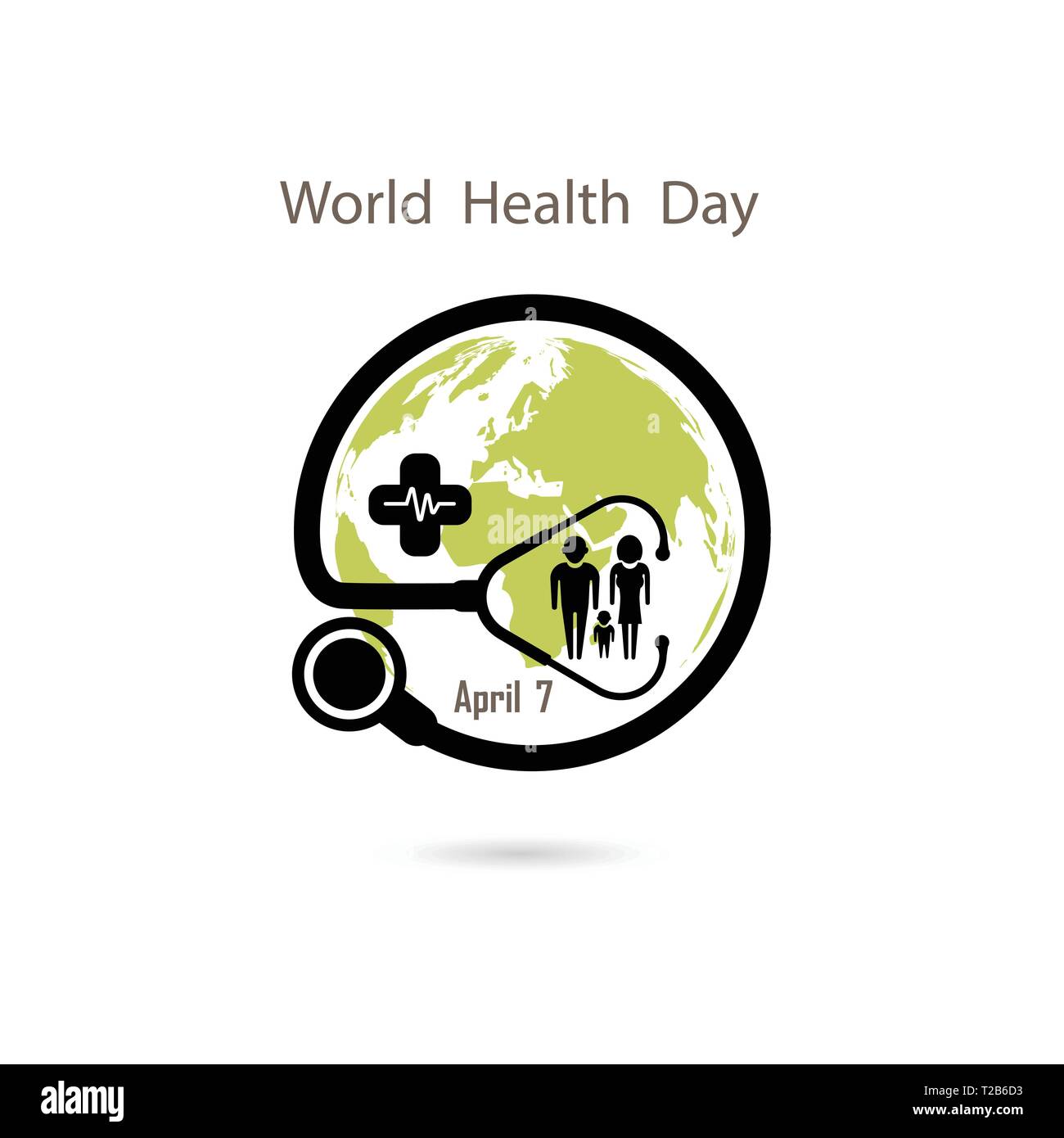 Familie Symbol, Globus unterzeichnen und Stethoskop Vektor logo Vorlage. Weltgesundheitstag Symbol. Weltgesundheitstag Idee Konzept der Kampagne. Vector Illustration Stock Vektor