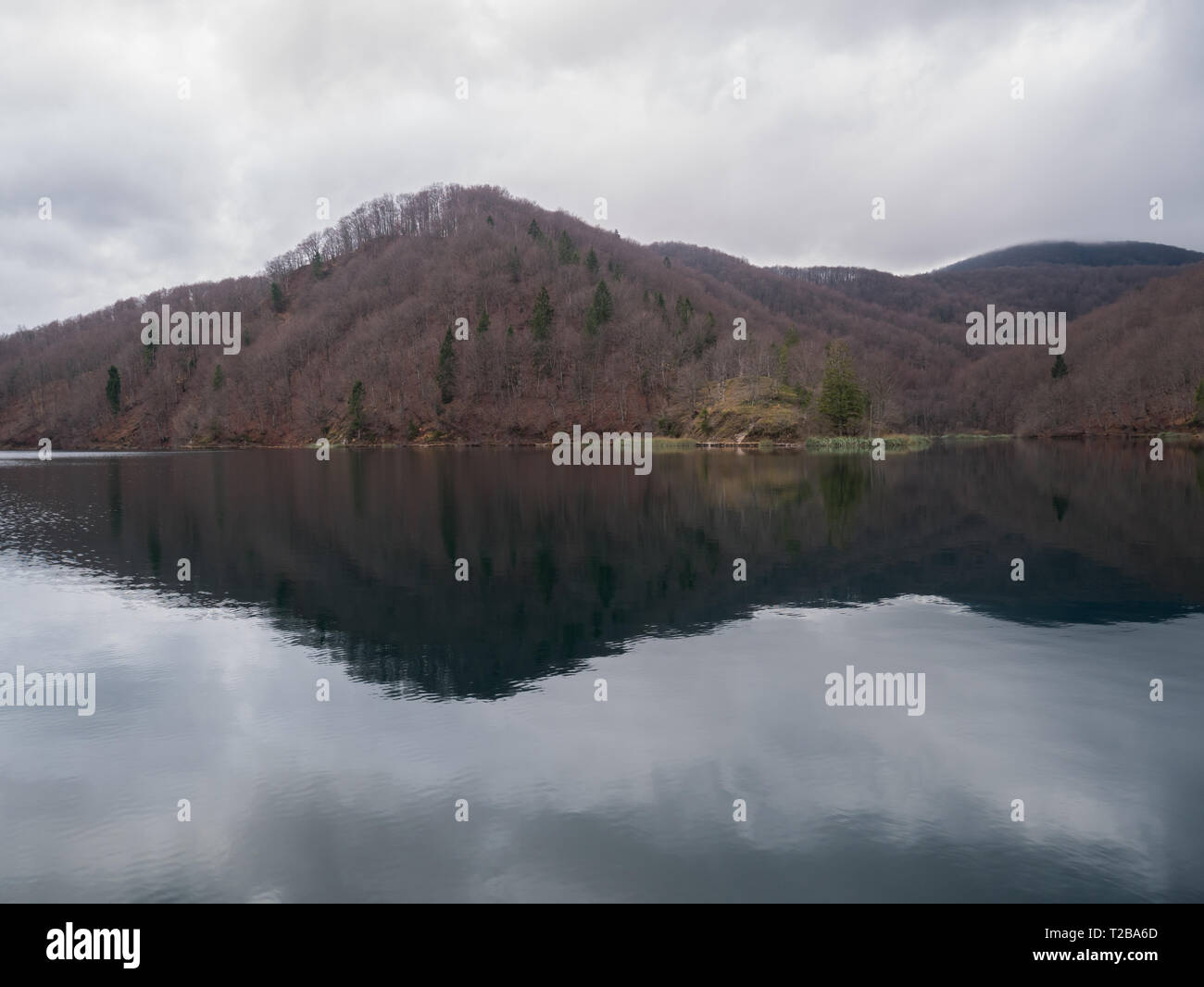 Ruhigen See Wasser mit Reflexion an trüben Wintertag im Naturpark Plitvicer Seen in Kroatien Stockfoto