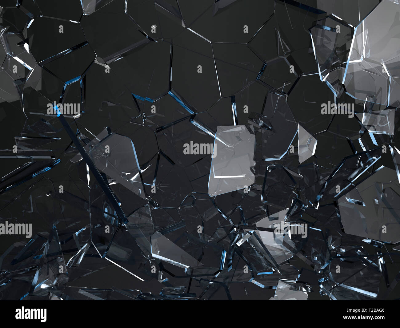 Stücke von Glas gebrochen an Schwarz, 3D-Darstellung oder gerissen; 3D-Rendering Stockfoto
