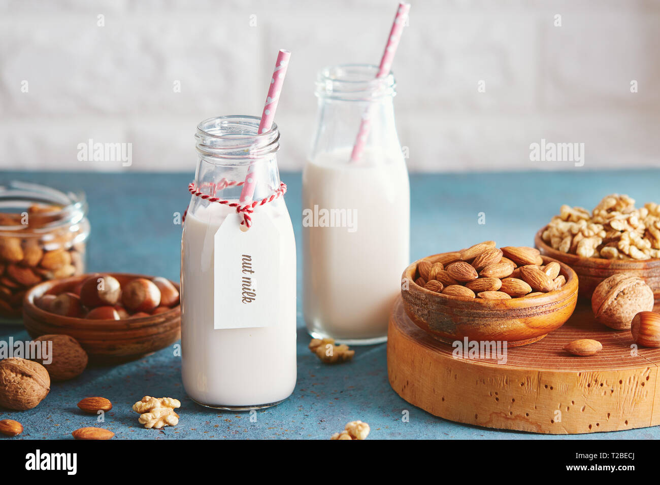 Veganer Ersatz Milch. Glasflaschen mit pflanzlicher Milch und Zutaten. Stockfoto