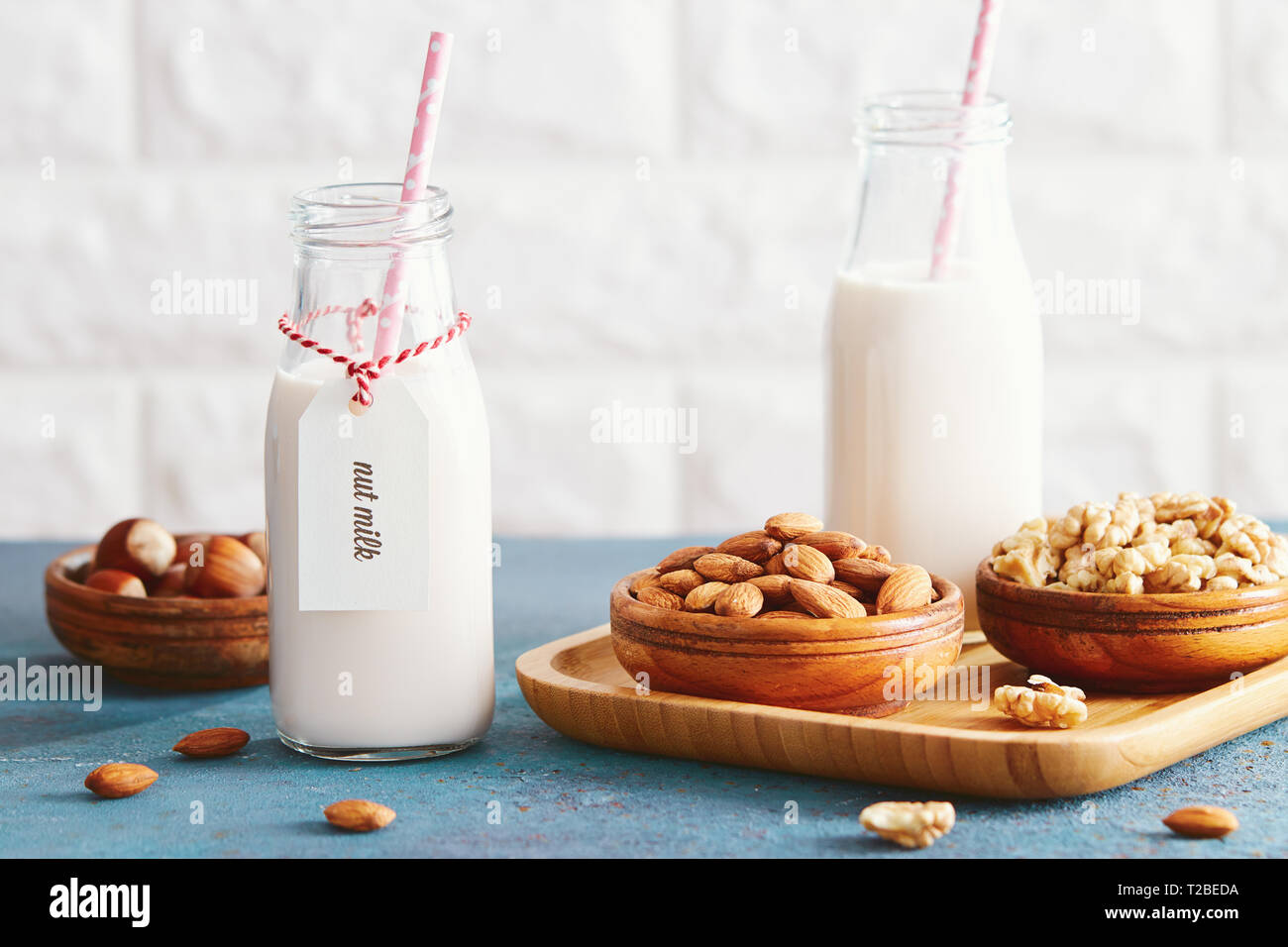 Veganer Ersatz Milch. Glasflaschen mit pflanzlicher Milch und Zutaten. Stockfoto