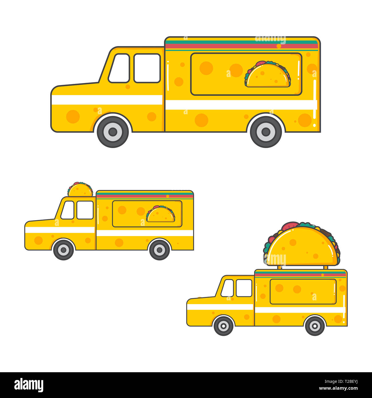 Satz von Vector Abbildung taco mexikanisches Essen Lkw im flachen Design Stil Stockfoto