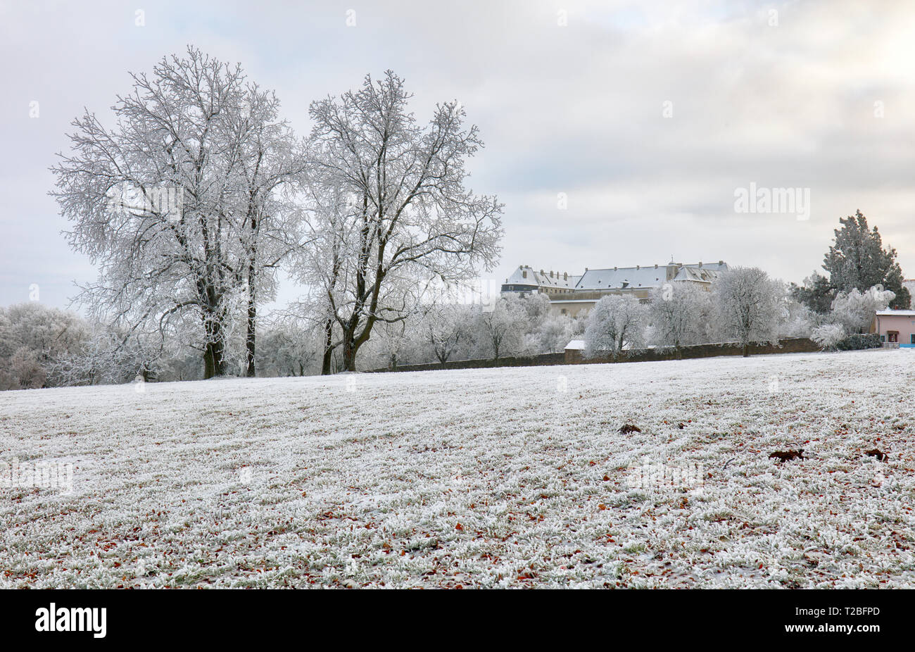 Winterliche Landschaft mit Burg Cerveny Kamen, Slowakei Stockfoto