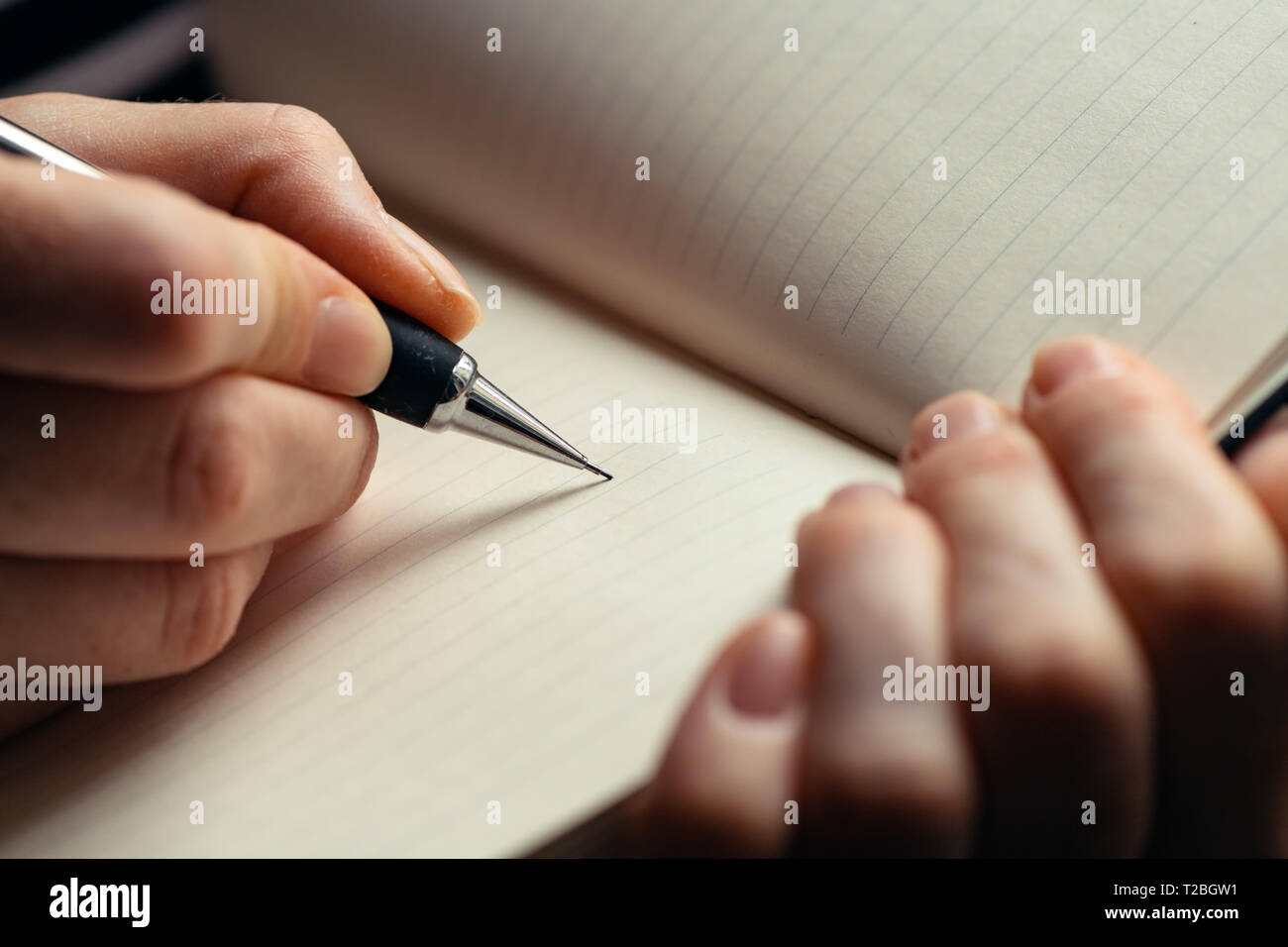 Schwangere Frau eine Schwangerschaft Tagebuch, in der Nähe der Hände schreiben im Notebook Stockfoto