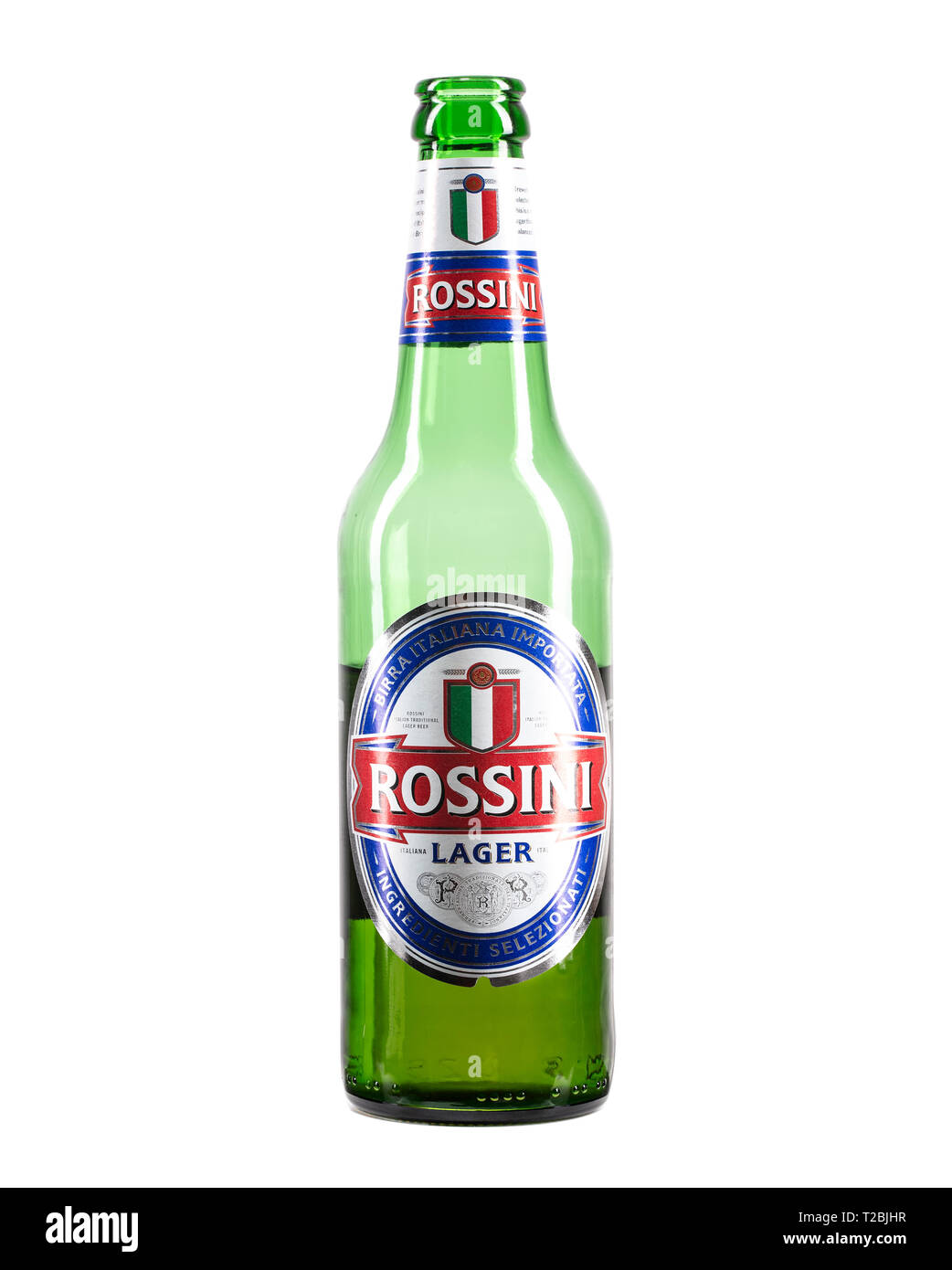 SWINDON, Großbritannien - 01 April, 2019: halb volle Flasche Rossini Lagerbier auf weißem Hintergrund Stockfoto