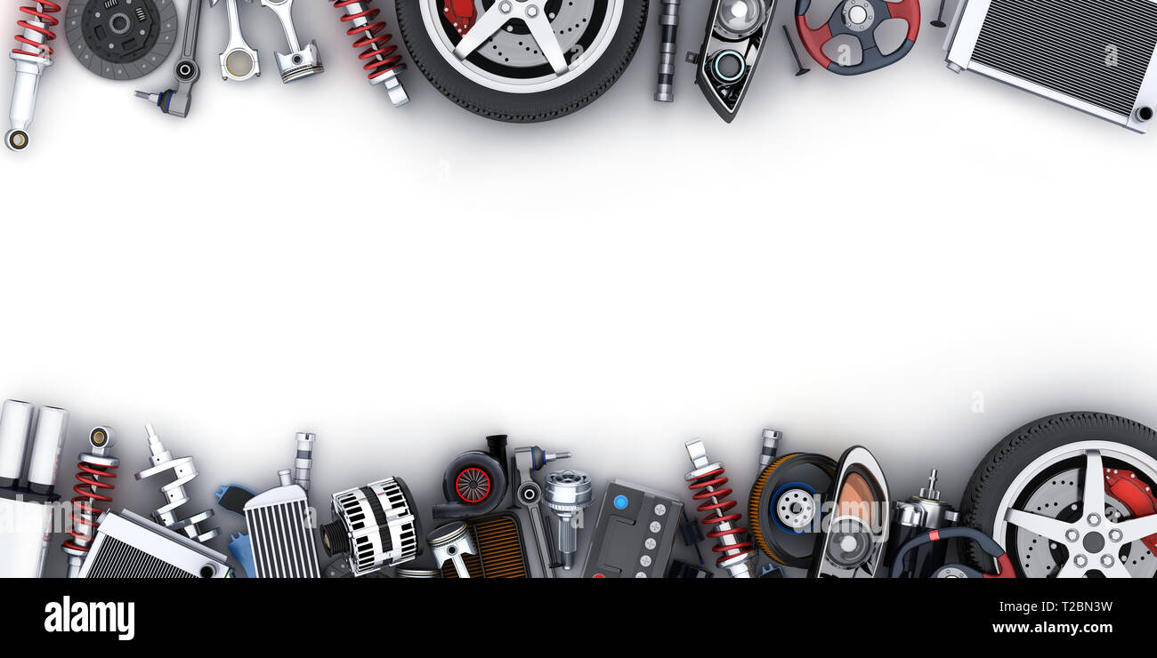 Viele Auto Parts auf weißem Hintergrund. 3D-Darstellung Stockfoto