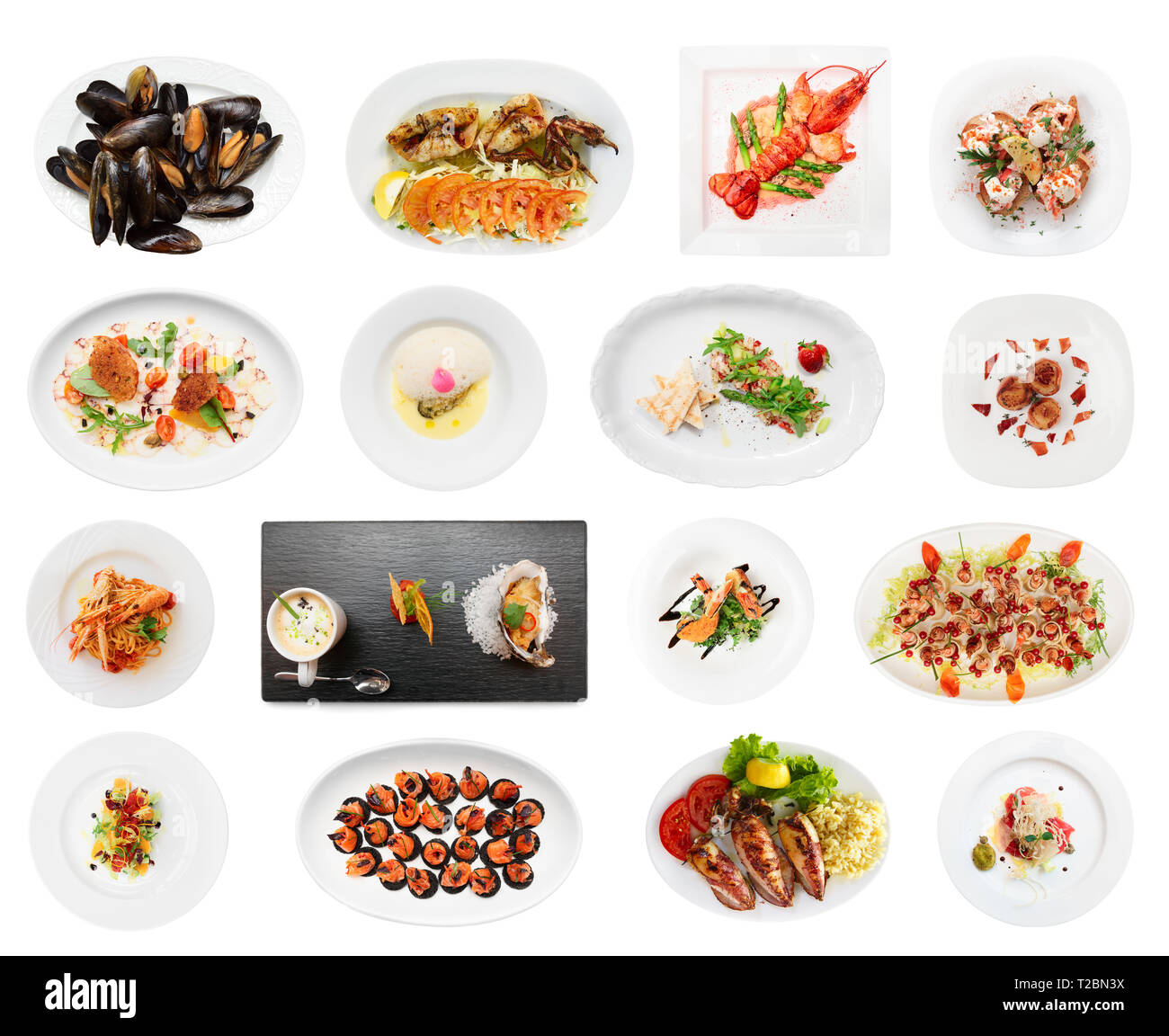 Satz von verschiedenen Fischgerichte auf weißem Hintergrund Stockfoto