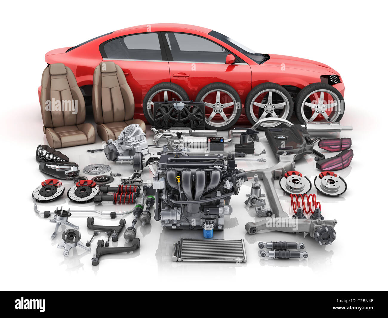 Rotes Auto Körper zerlegt und viele Fahrzeuge Teile. 3D-Darstellung Stockfoto