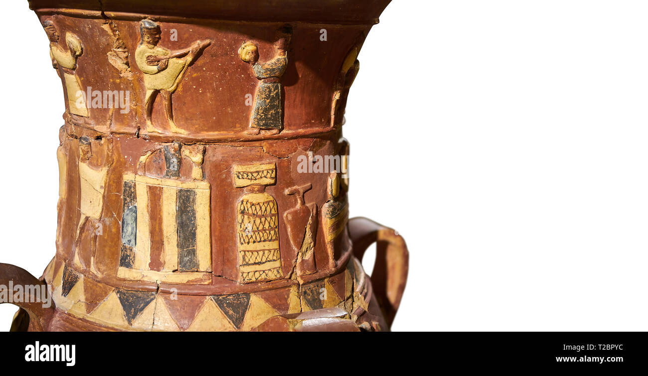 Nahaufnahme der Inandik Hethiter Relief dekoriert Kult trankopfers Vase dekoriert mit einer Frau und Mann relief Zahlen farbig in Creme, Rot und Schwarz pla Stockfoto
