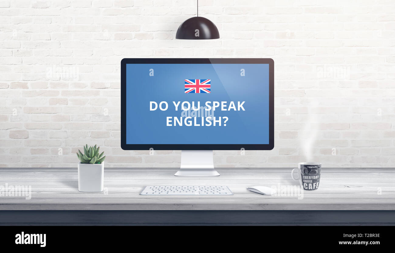 Konzept der Englischen Sprache online lernen. Frage sie Englisch auf einem Computer Display am Schreibtisch sprechen. Stockfoto