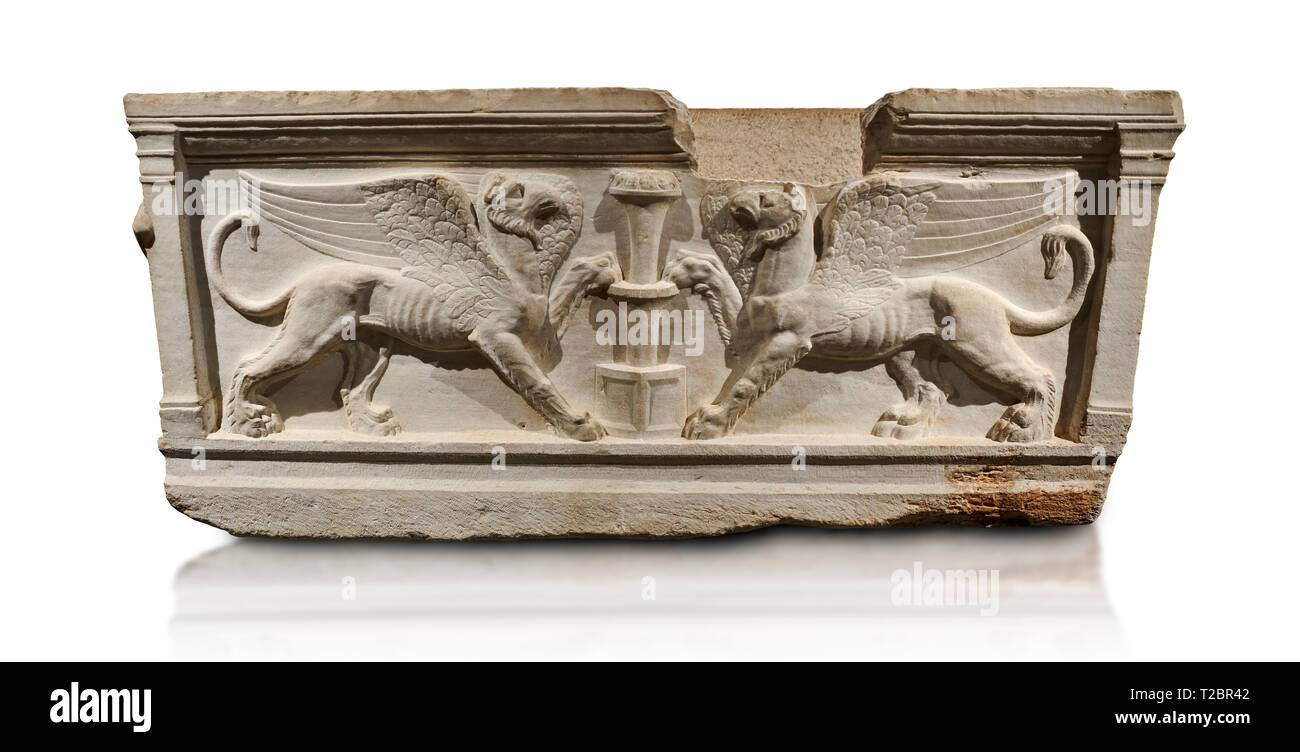 Römisches relief modellierten Sarkophag des Achilles von Attika. Diese Seite zeigt zwei Griffin und trägt Merkmale der späten Antonine Zeitraum der Stockfoto