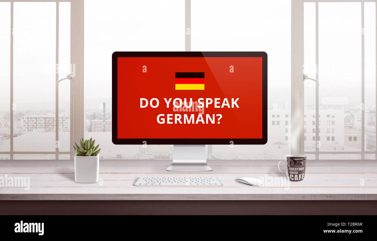 Sie Deutsch auf dem Computer Display mit einer Flagge von Deutschland sprechen. Online studieren, lehren Konzept. Stockfoto