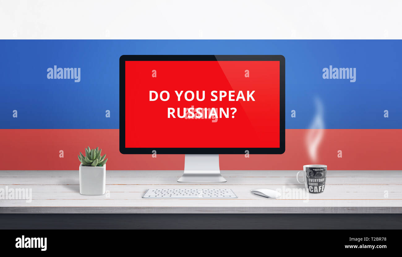Konzept der Studium der russischen Sprache online wih Frage sprechen Sie Russisch auf dem Computer anzuzeigen, und russische Flagge im Hintergrund. Stockfoto