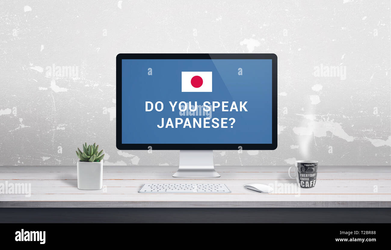 Sie Japaner auf Computer Display sprechen. Japanische Lektionen, studiy Konzept. Stockfoto