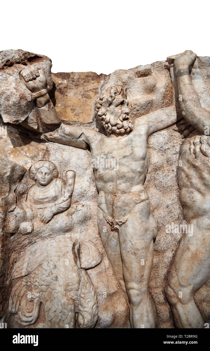 Detail eines römischen Sebasteion Relief des Zeus und Prometheus, Afrodisias Museum, Aphrodisias, Türkei. Vor einem weißen Hintergrund. Prome Stockfoto