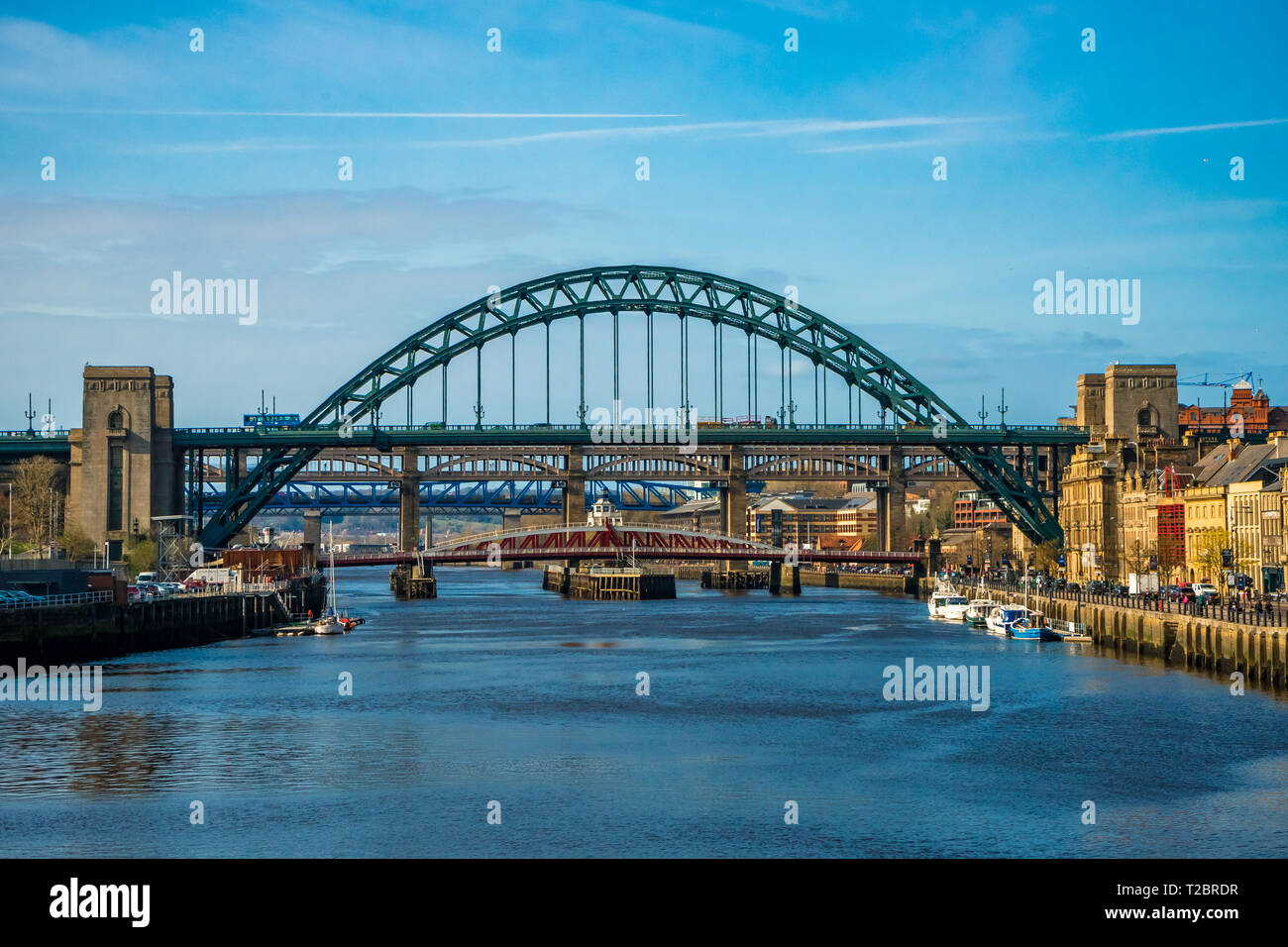 Blick auf Newcastle Quayside und Tyne Bridge Stockfoto