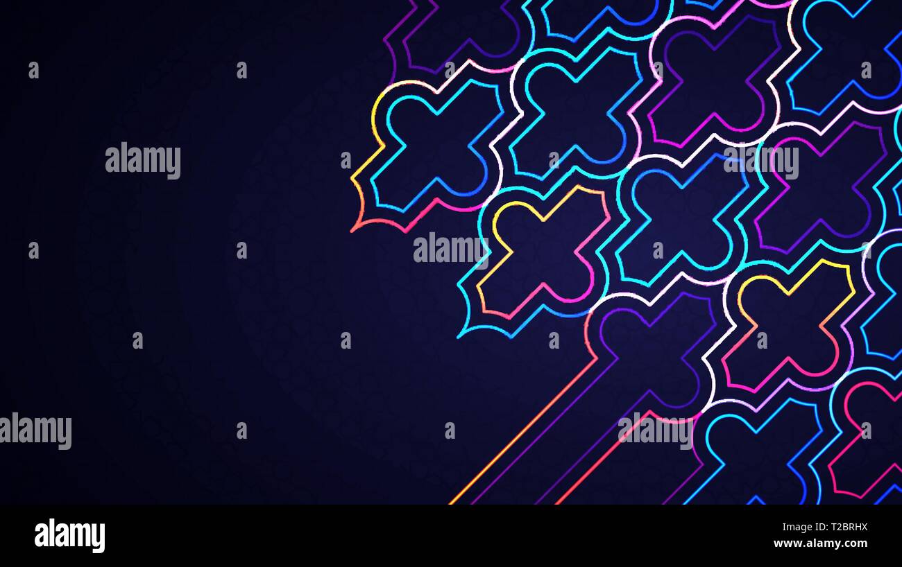 Eid Mubarak Poster, Banner oder Grußkarte Design. Vector Illustration der abstrakten hellen Hintergrund mit leuchtenden Neon geometrische islamischen Muster Stock Vektor