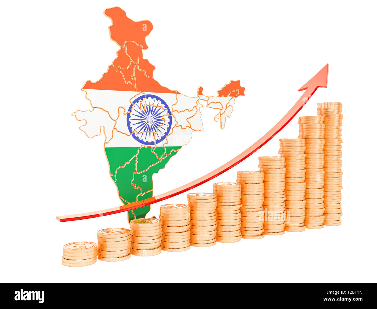 Wirtschaftswachstum in Indien Konzept, 3D-Rendering auf weißem Hintergrund Stockfoto