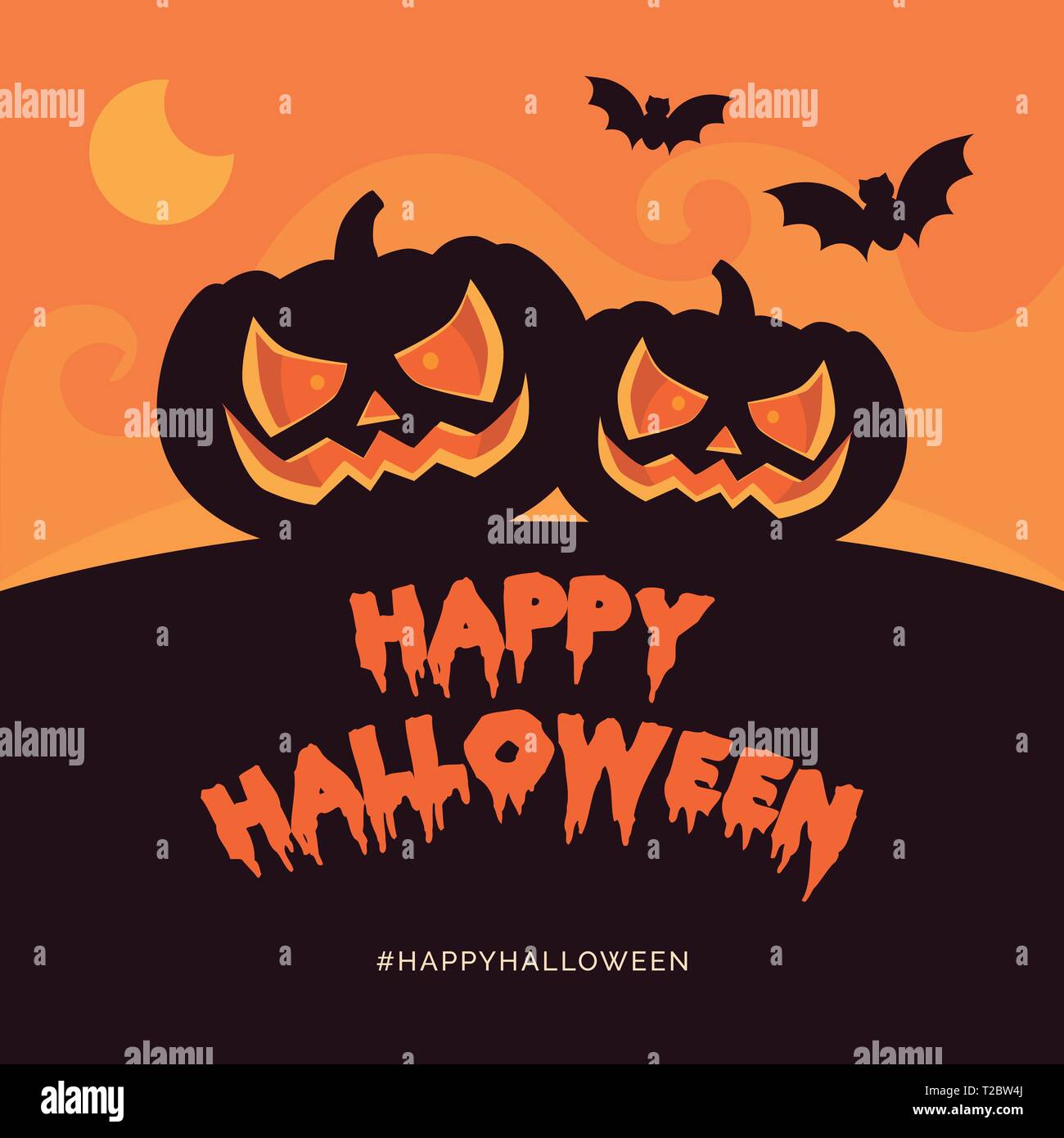 Happy Halloween Holiday Card und social media Post mit Kürbissen und Fledermäuse Stock Vektor