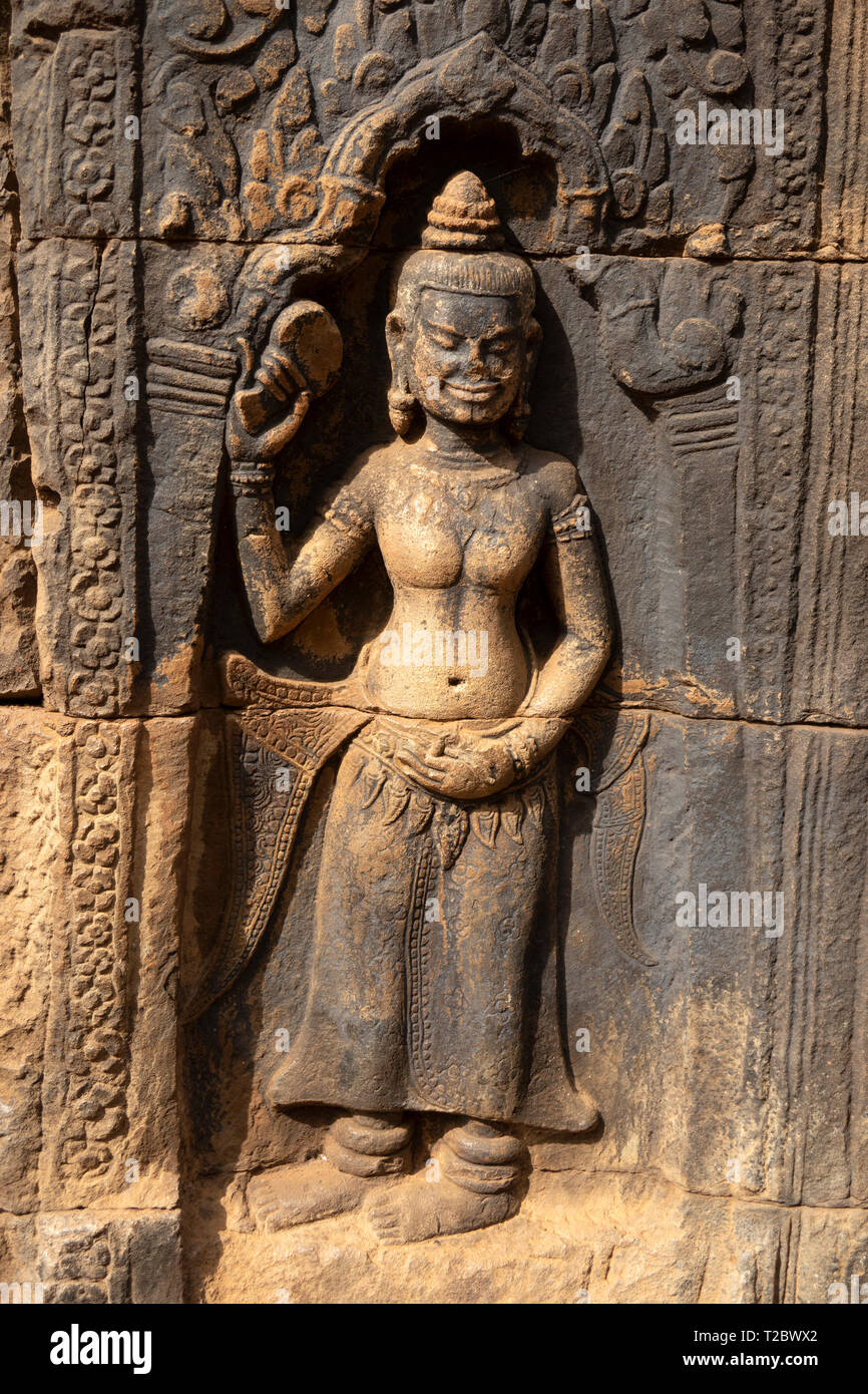 Kambodscha, Kampong (Kompong Cham), Banteay Prei Nokor, alte steinerne Abbildung dekorieren historischer Tempel Stockfoto