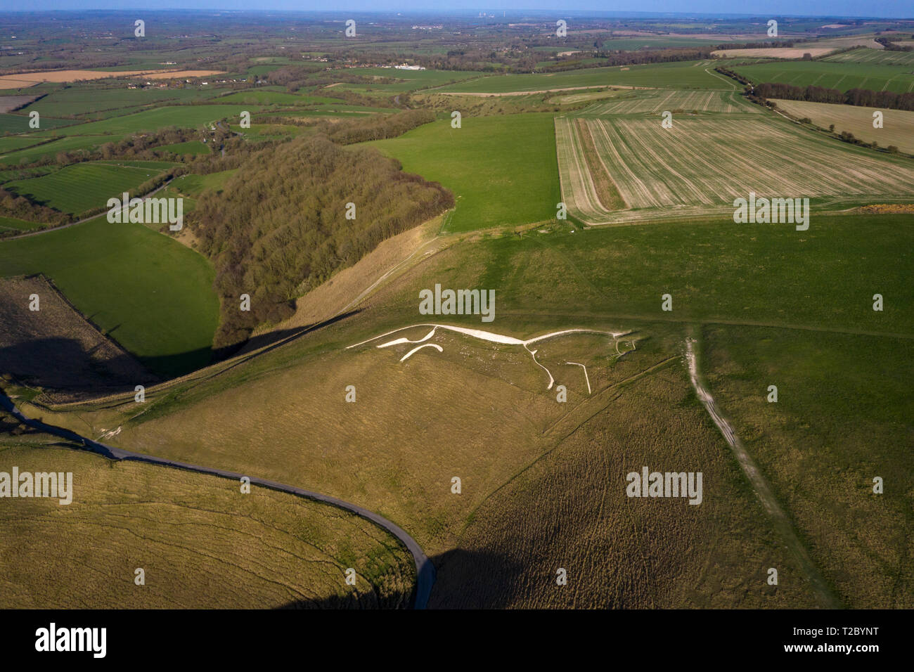 Uffington White Horse aus der Luft mit einer Drohne Uffington, Oxfordshire, England, Großbritannien Stockfoto