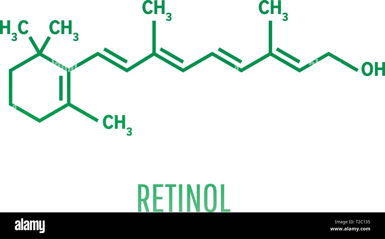 Retinol, Vitamin A, Formel C20H30O-fettlösliches Vitamin, Antioxidans. Für Vision und Knochen Wachstum notwendig, gesunde Haut und Haare, und Normalen i Stock Vektor