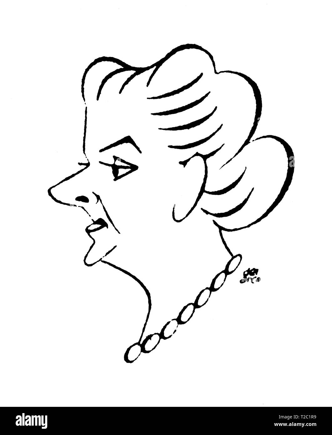 Asunción Bastida Pibernat (1902-1995), modista Catalana de Alta Costura. Caricatura. Autor: Manuel Del Arco Alvarez. Stockfoto