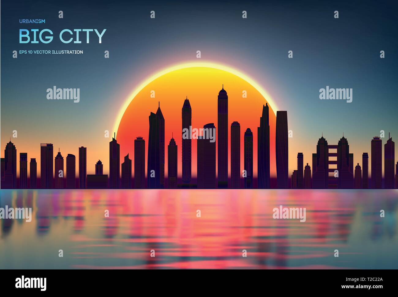 Vektor Sonnenuntergang Skyline der Stadt mit modernen Gebäuden Silhouette. Nacht Stadt rot mit Reflexion im Wasser EPS 10. Rot dunkel Oberlichter im Frühjahr. Nacht Stock Vektor