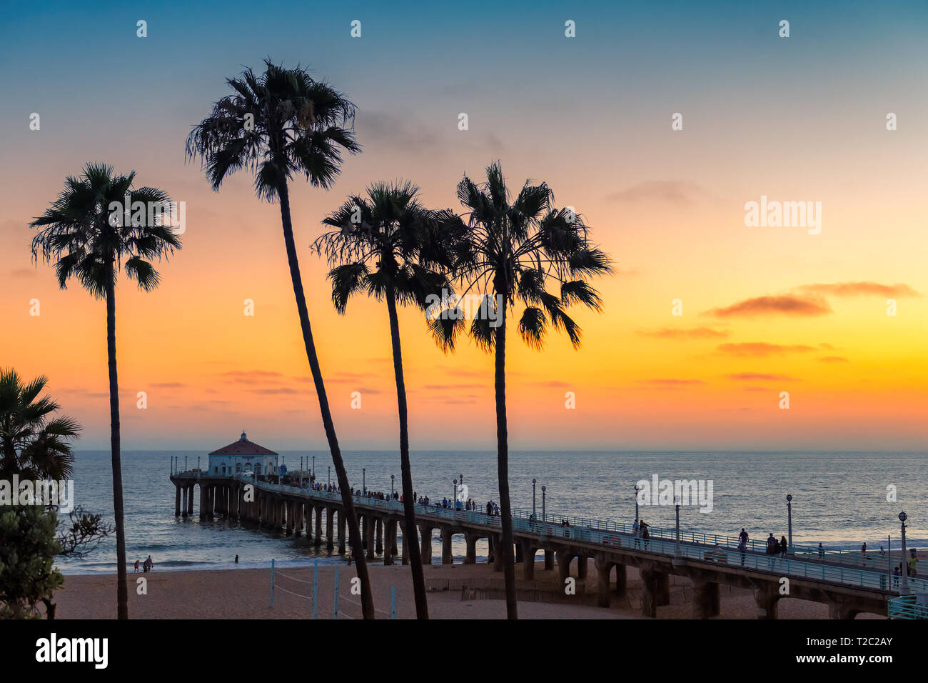 Sonnenuntergang am California Beach, Manhattan Beach, Los Angeles, USA. Stockfoto