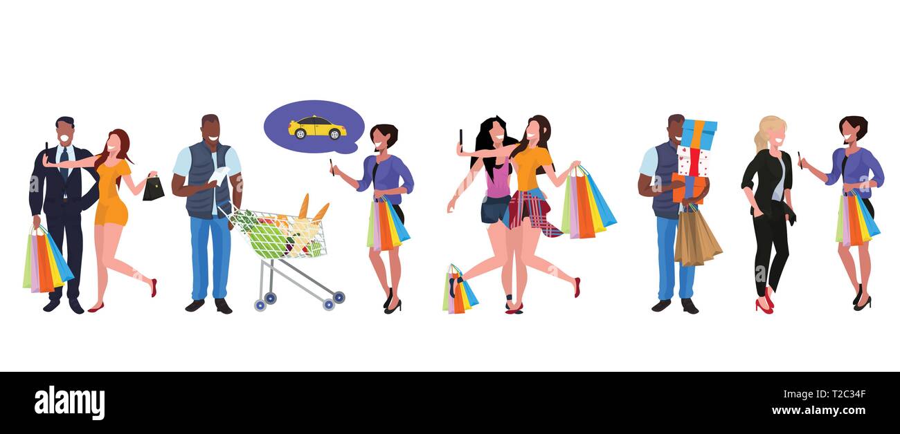 Mix Rasse Menschen mit bunten Tüten und Trolley Warenkorb gemeinsam große Verkauf Konzept Männer Frauen Kunden, die Käufe Cartoon Stock Vektor