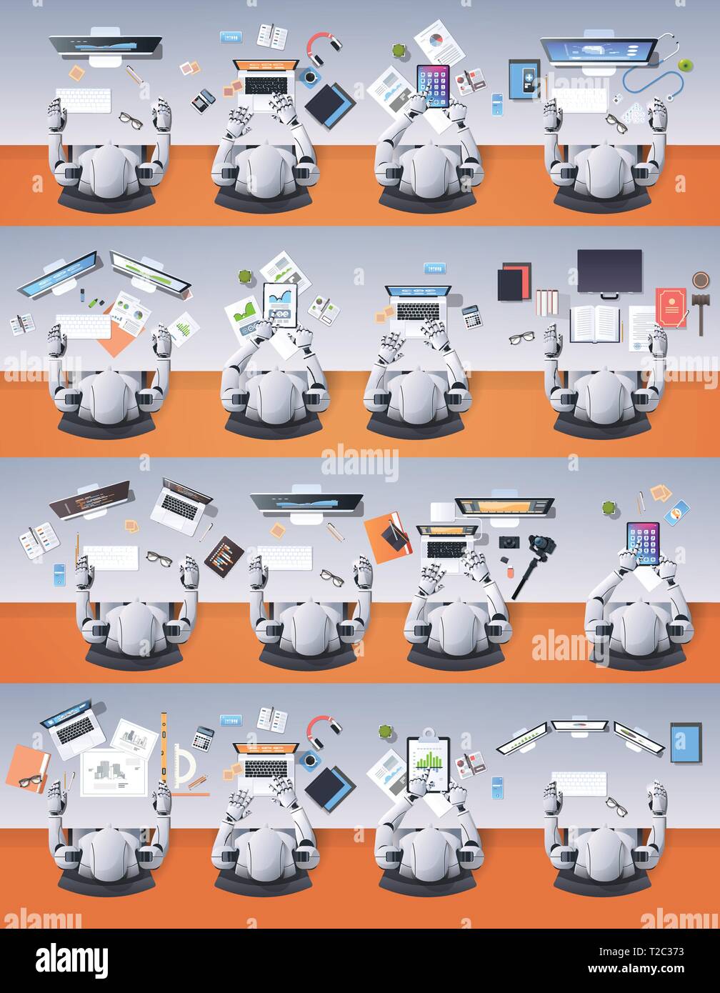 Moderne humanoide Roboter Gruppe am Schreibtisch im Klassenzimmer der Schule künstliche Intelligenz Konzept robotic Zeichen Arbeitsprozess flache spitze Winkel sitzen Stock Vektor