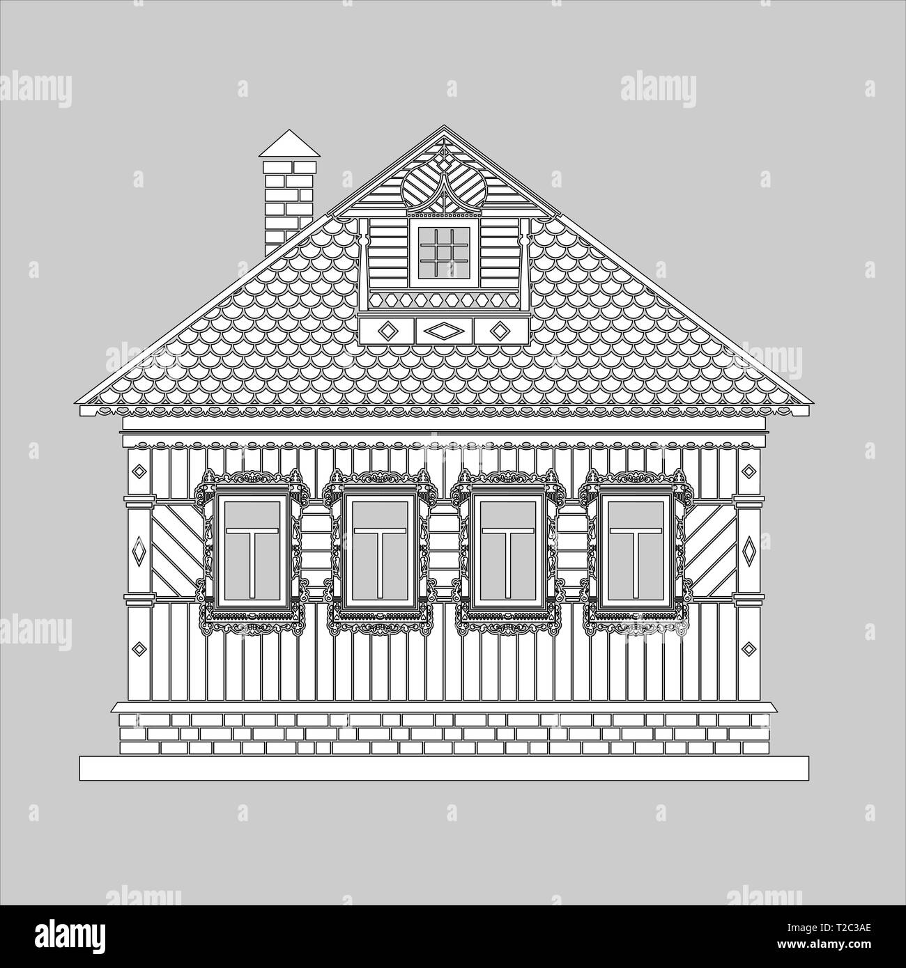 Russische traditionelle zweistöckige Holzhaus. Die Fenster und die Details sind mit Schnitzereien verziert. Vector Illustration. Schwarze und weiße Silhouette. Stock Vektor