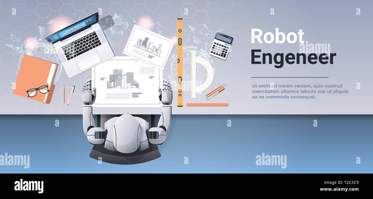 Robotic Architekt Zeichnung Bauplan Bauplan Robot Engineer am Arbeitsplatz office Workshop künstliche Intelligenz Konzept top Winkel Desktop anzeigen Stock Vektor