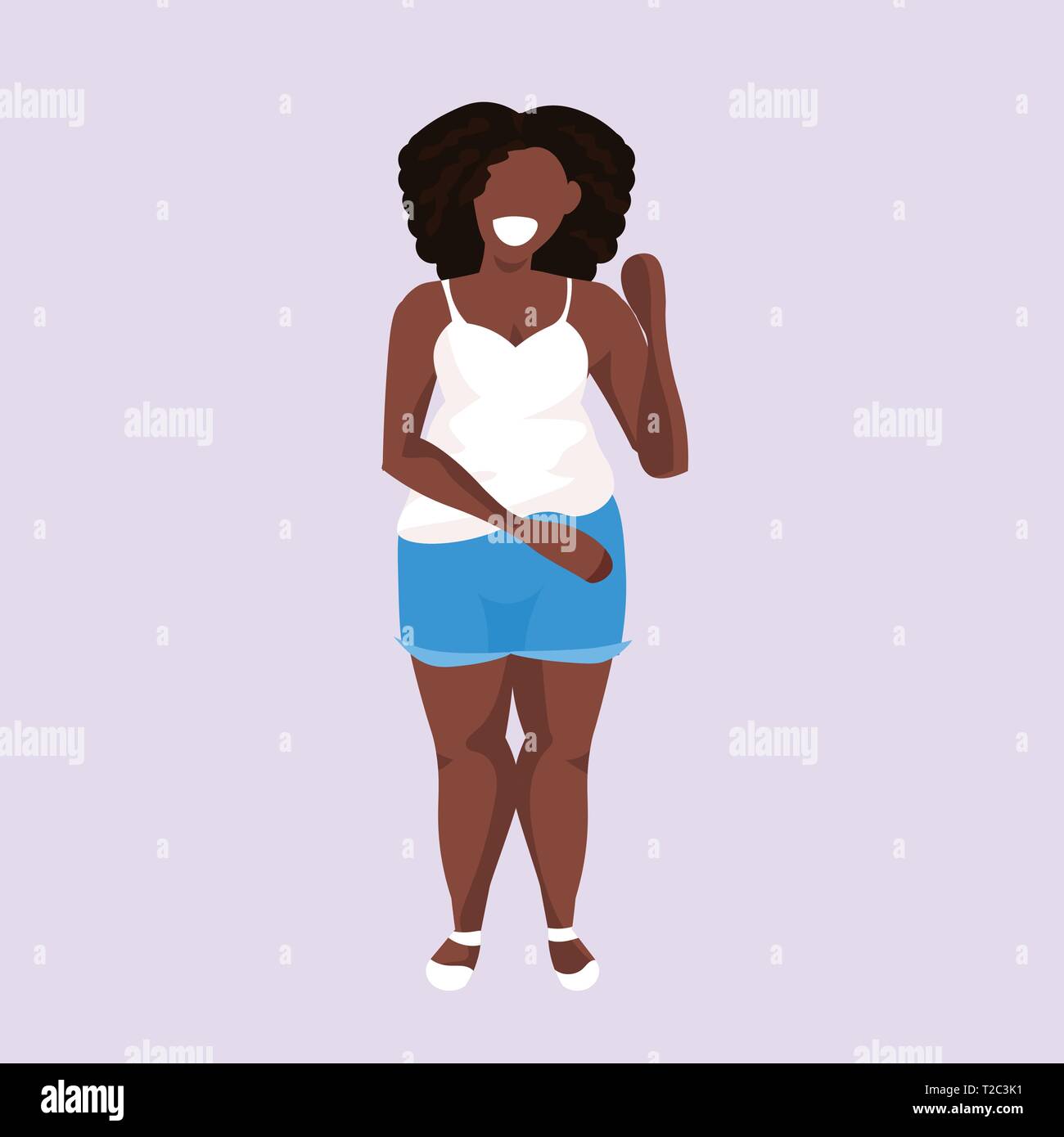 Übergewichtige übergewichtige Frau, die Pose lächelnd African American Girl über Größe ungesunden Lebensstil Konzept weibliche Comicfigur in voller Länge flach Stock Vektor