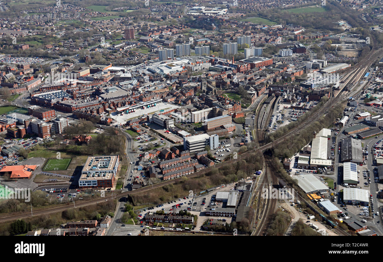 Luftaufnahme von Wigan Stadtzentrum, Greater Manchester Stockfoto