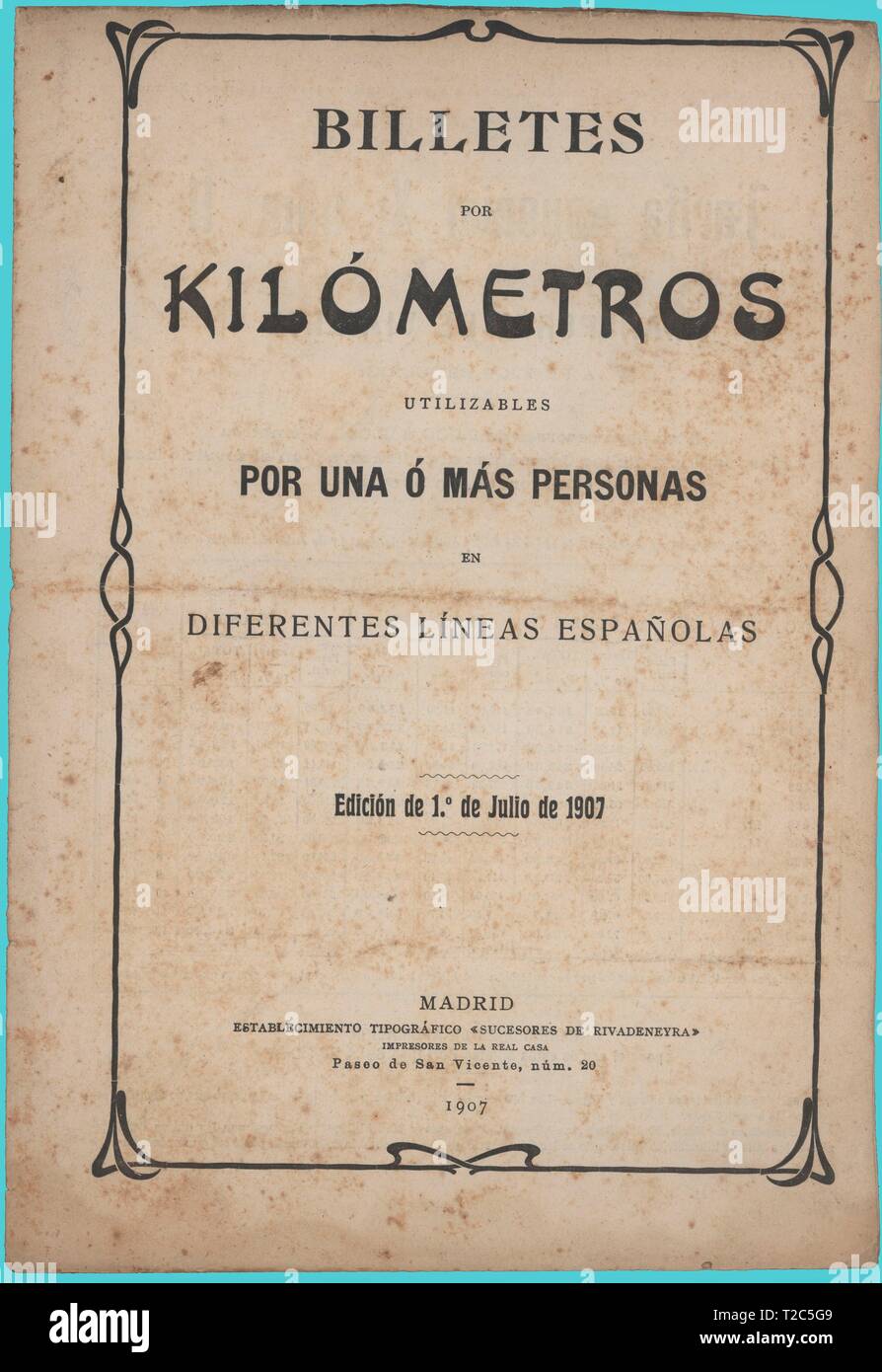 Lista de Tarifas de Billetes por kilómetros para Todas las líneas de ferrocarriles. Madrid, Julio de 1907. Stockfoto