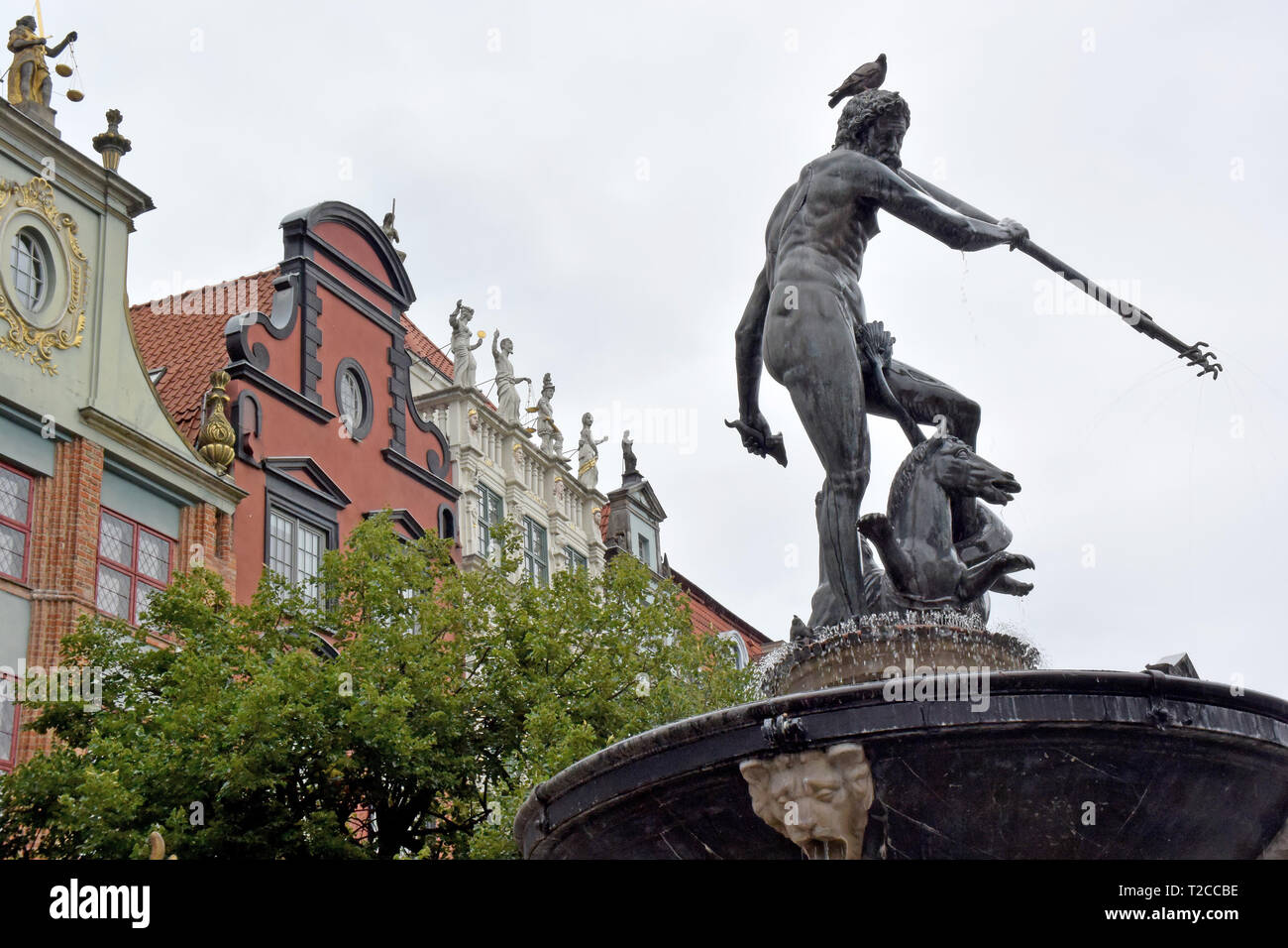 08. Juli 2018, Polen, Danzig: der Neptunbrunnen mit Bronze Statue der Meer Gott steht in der Langgasse in Danzig. Der Brunnen wurde im Jahre 1633 errichtet. Danzig (Polnisch Gdansk) ist eine Hafenstadt an der Ostseeküste von Polen. Foto: Holger Hollemann/dpa Stockfoto