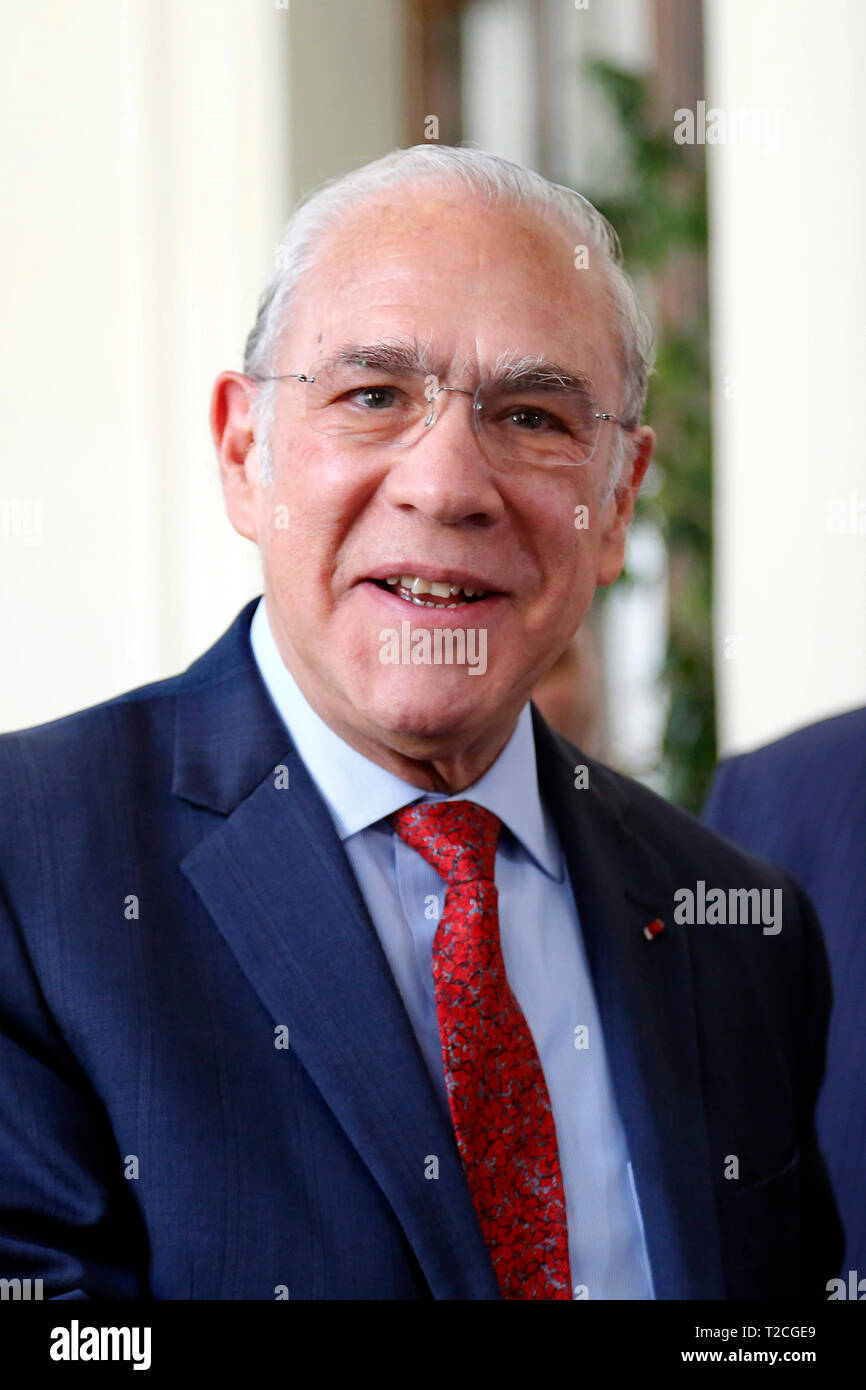 Rom, Italien. 01 Apr, 2019. OECD-Generalsekretär Angel Gurria Rom am 1. April 2019. Präsentation der OECD-Bericht über Italien 2019. Der Bericht sagt, nachdem eine leichte Erholung, die italienische Wirtschaft geschwächt ist. Foto di Samantha Zucchi/Insidefoto Credit: insidefoto Srl/Alamy leben Nachrichten Stockfoto