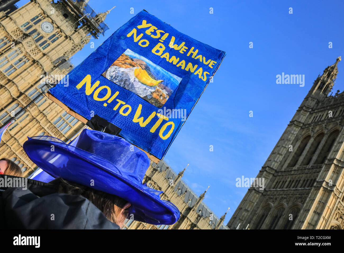 Westminster, London, UK, 1. April 2019. Eine Gruppe von rund 50 Demonstranten aus aller Gemeinden, die sich 'Yorkshire für Europa" aufgetaucht zu singen und singen neben dem Bildnis. Ein riesiges Bildnis von Premierminister Theresa May, mit der britischen Wirtschaft stecken zu Ihrer langen Nase, außerhalb der Häuser des Parlaments gesehen wird, als Anti-Brexit Demonstranten wieder in Westminster an einem anderen Tag der Abstimmung Rallye auf Änderungen im Parlament. Credit: Imageplotter/Alamy leben Nachrichten Stockfoto