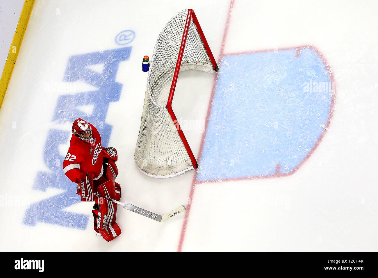 Providence, RI, USA. 30 Mär, 2019. Cornell Big Red Torwart Austin McGrath (32) wacht während der NCAA regionalen hockey Spiel zwischen der Cornell Big Red und die nordöstliche Schlittenhunde im Dunkin Donuts Center in Providence, RI. Alan Sullivan/CSM/Alamy leben Nachrichten Stockfoto