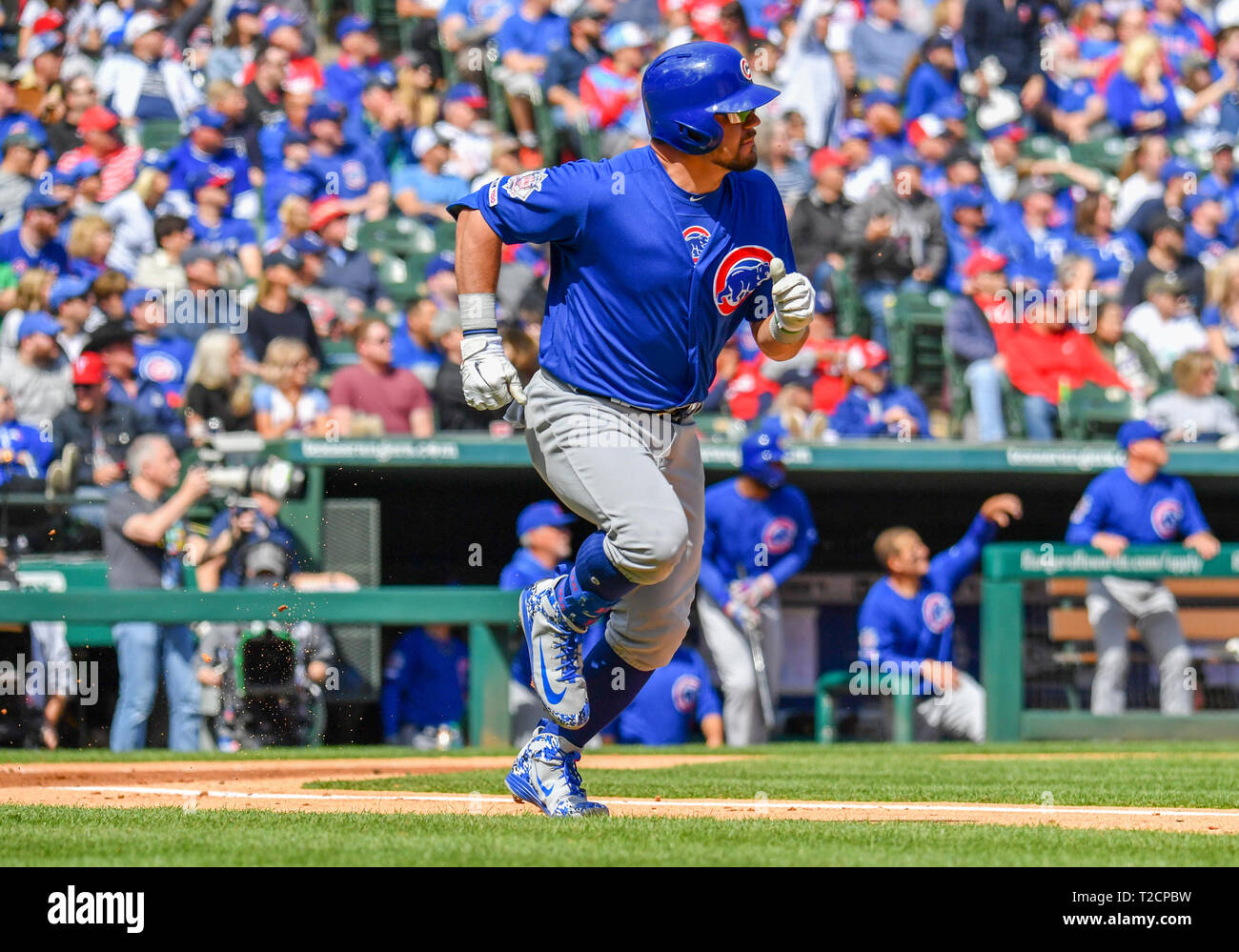 Mar 31, 2019: Chicago Cubs linken Feldspieler Kyle Schwarber #12 während ein MLB Spiel zwischen den Chicago Cubs und der Texas Rangers bei Globe Life Park in Arlington, TX Texas besiegt Chicago 11-10 Albert Pena/CSM. Stockfoto