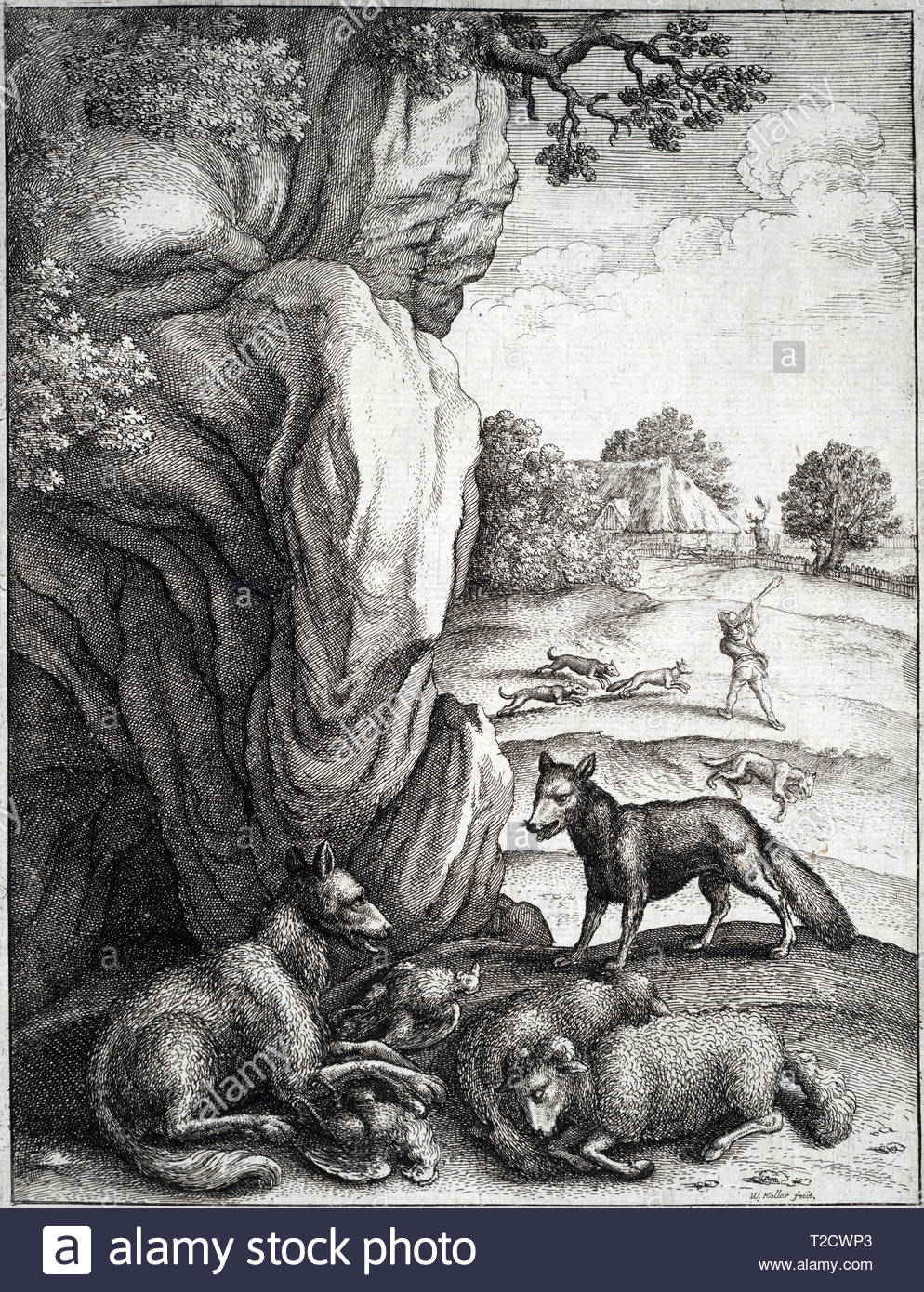 Der Wolf und der Fuchs, einer der Aesops Fabeln, Radierung von Böhmische Kupferstecher Wenzel Hollar aus 1600s Stockfoto